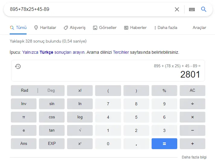 google hesap makinası nasıl açılır