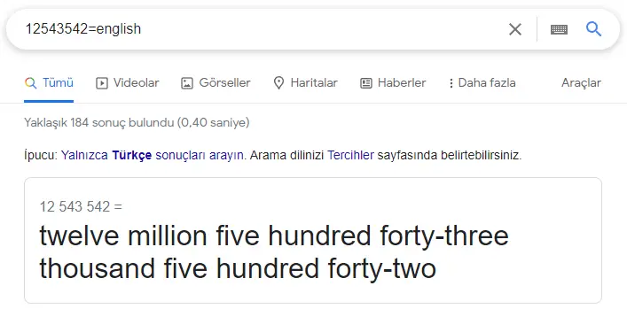 google sayıların harflendirilmesi