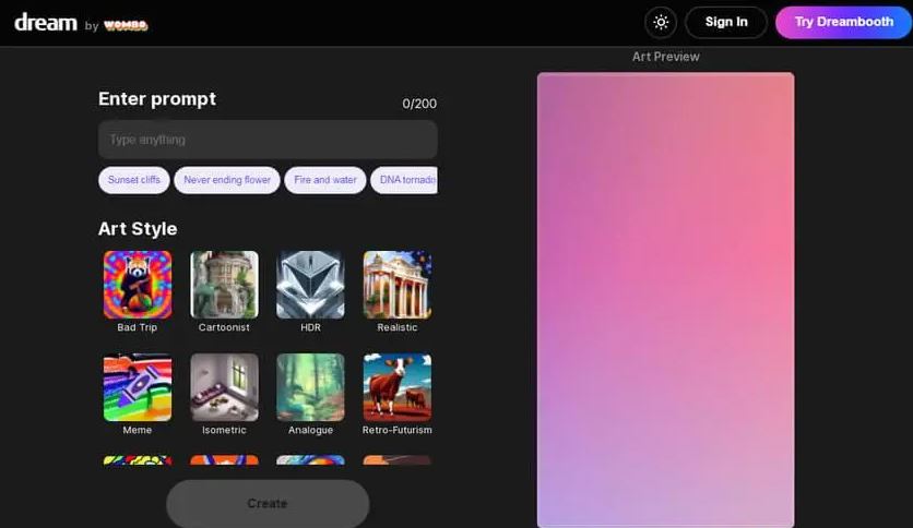 Dream by WOMBO AI image generator tool