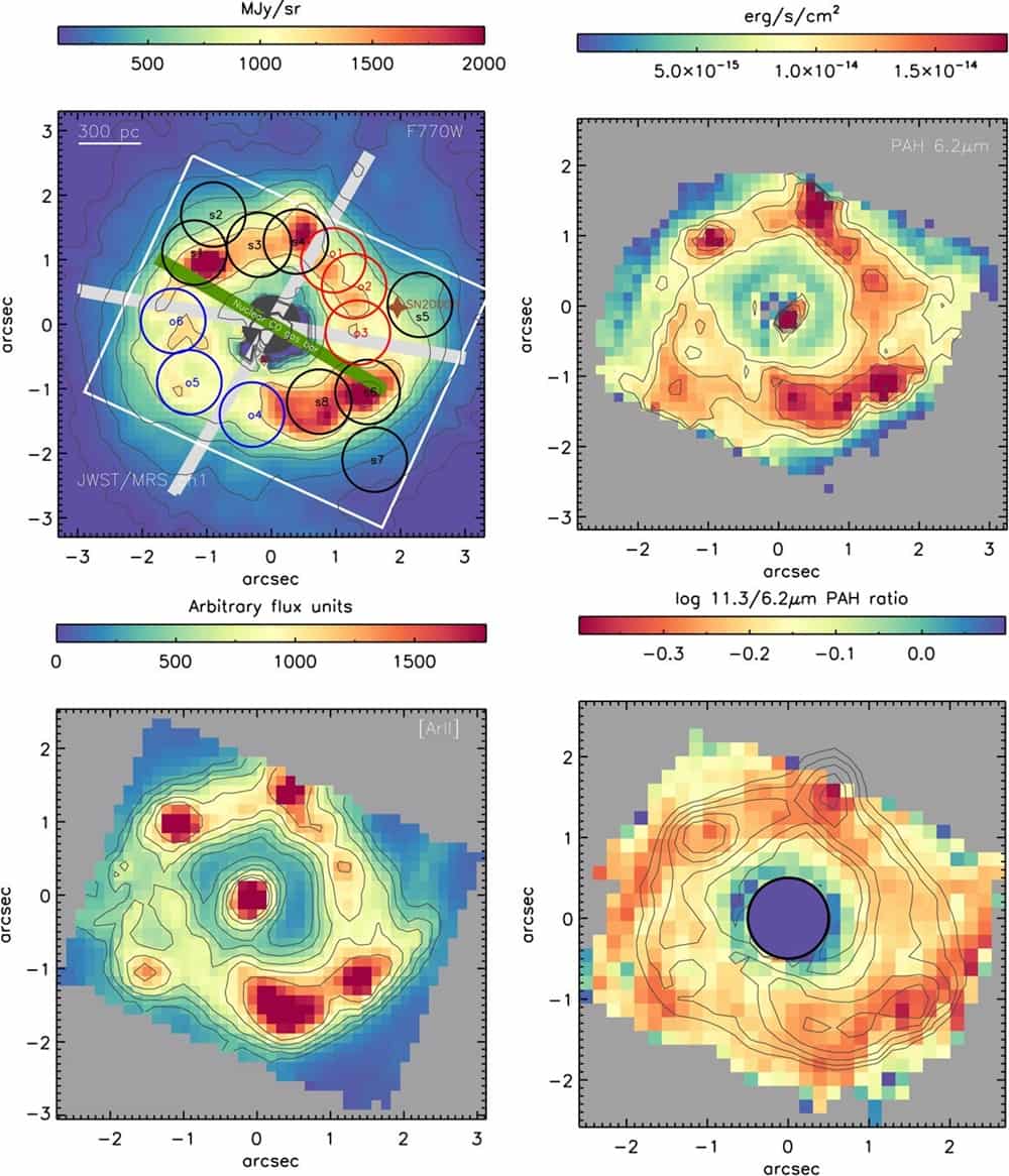 The Webb Space Telescope observed the fine structure of NGC 7469's core in just 6 arcseconds in the mid-infrared.