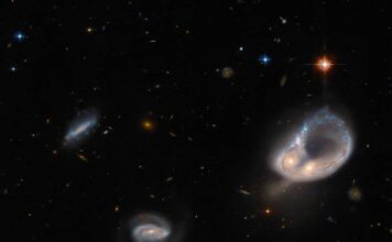 Hubble Teleskobu çarpışarak nadir bir yıldız halkası oluşturan iki galaksi buldu Hubble captures Two galaxies violently merging in and creating a rare star ring